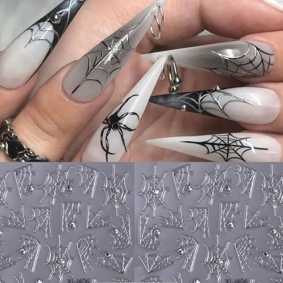 2pcs Halloween Spider Web Nail Art Stickers - 3D Silvery Glitter Cobweb - Picture 2 of 8